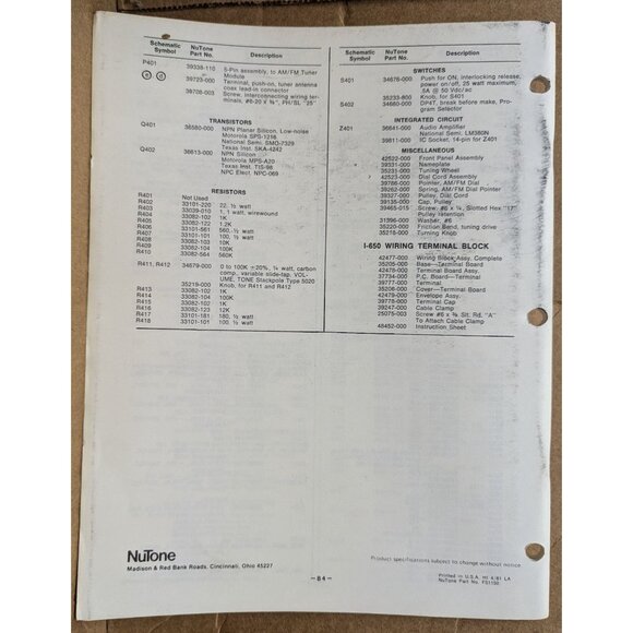 NUTONE SERVICE MANUAL FOR MODELS I-600, I-614, I-650, M-640 SELECTIVE INTERCOM - Picture 3 of 4
